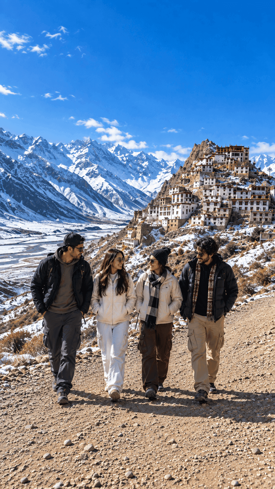 Snow-covered winter wonderland of Spiti Valley and Key Monastery in white